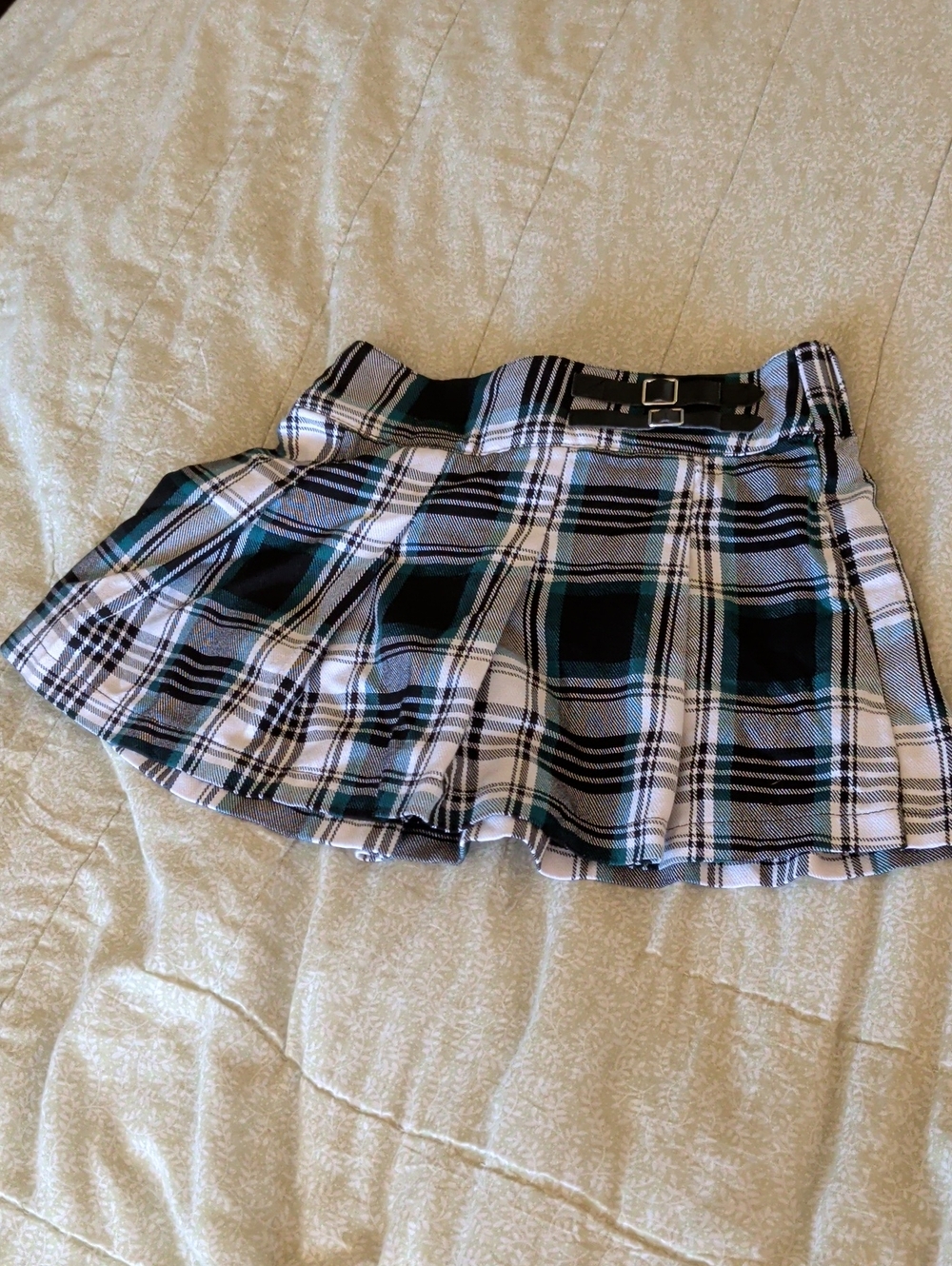 Justice Plaid Pleated Skater Skirt - Black, White & Teal